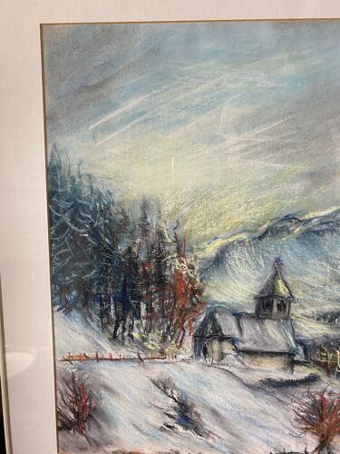 Pastel "chapelle sous la neige" signée