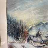 Pastel "chapel under the snow" signed