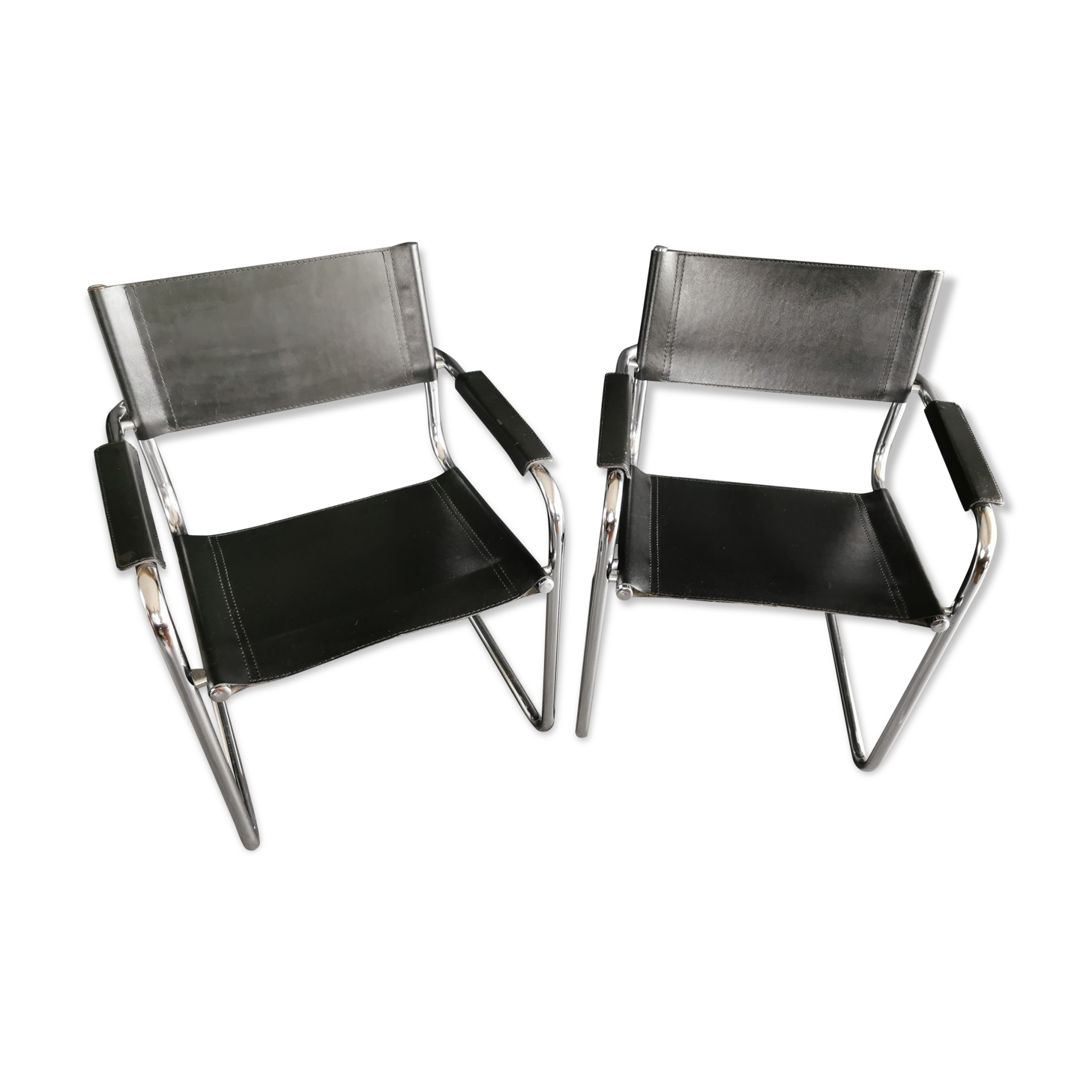 Metal and black leather design armchair pair