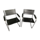 Metal and black leather design armchair pair
