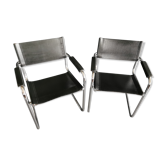 Metal and black leather design armchair pair