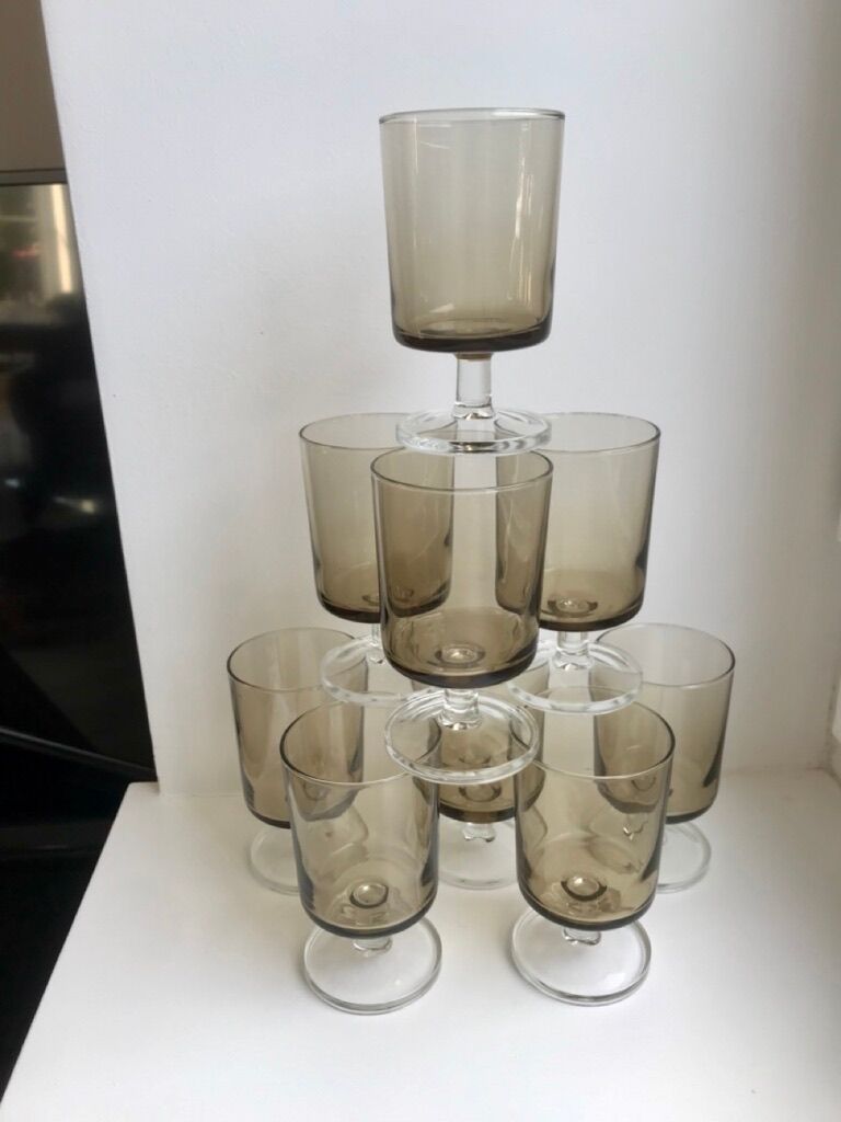 Set of 8 70s smoked glass wine glasses