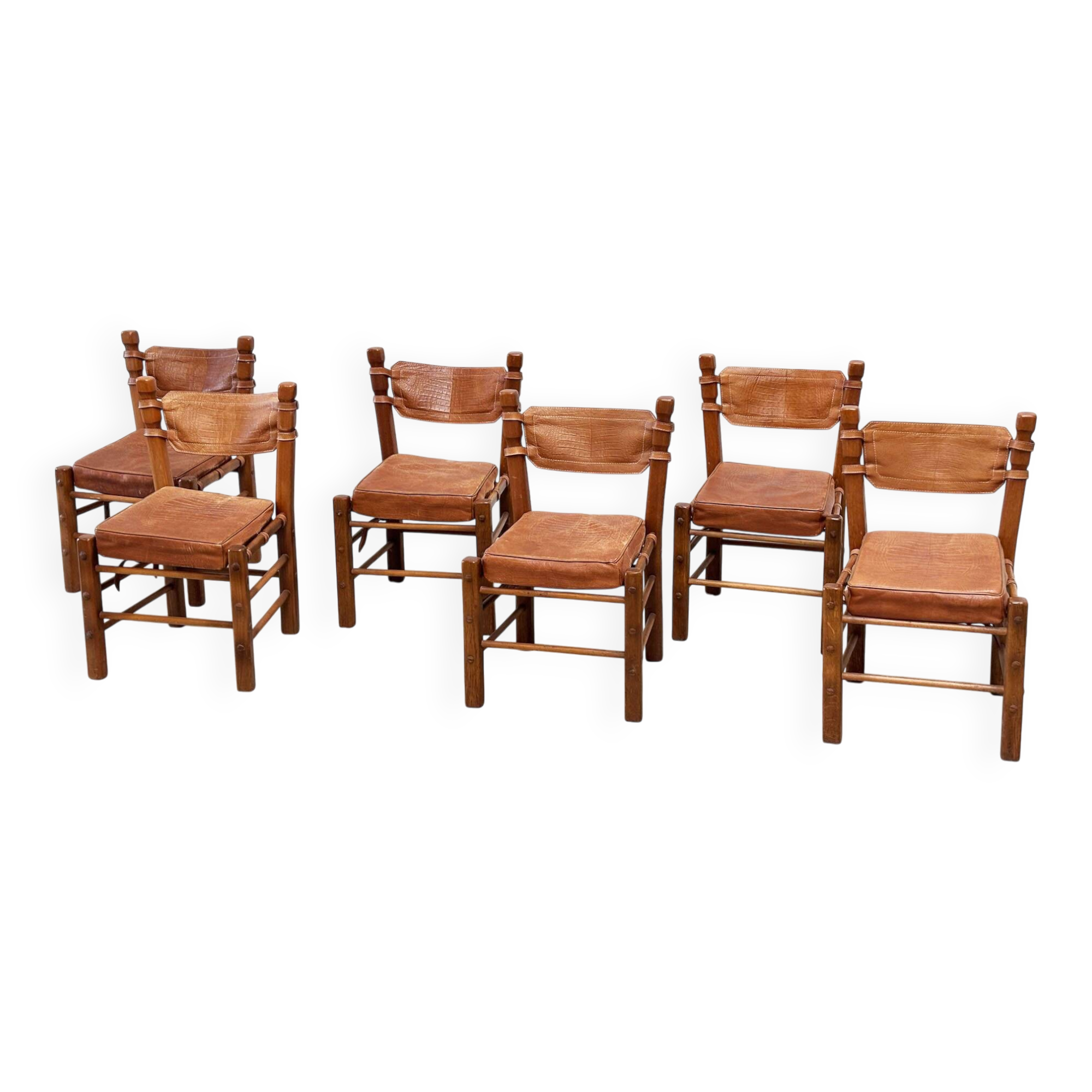 Ensemble de six chaises de salle à manger en cuir brutalistes