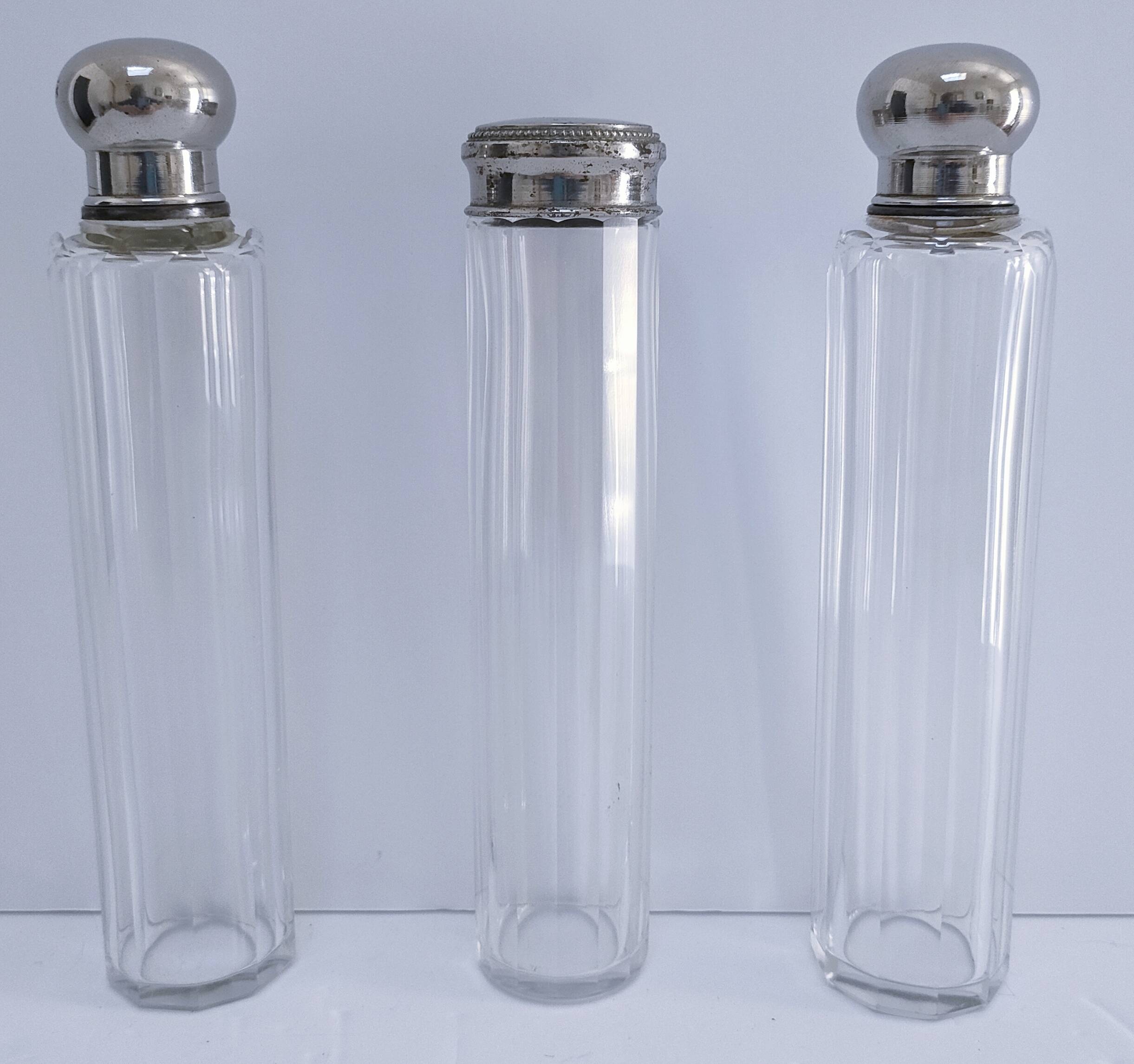 Three Art Deco crystal chrome glass bottles