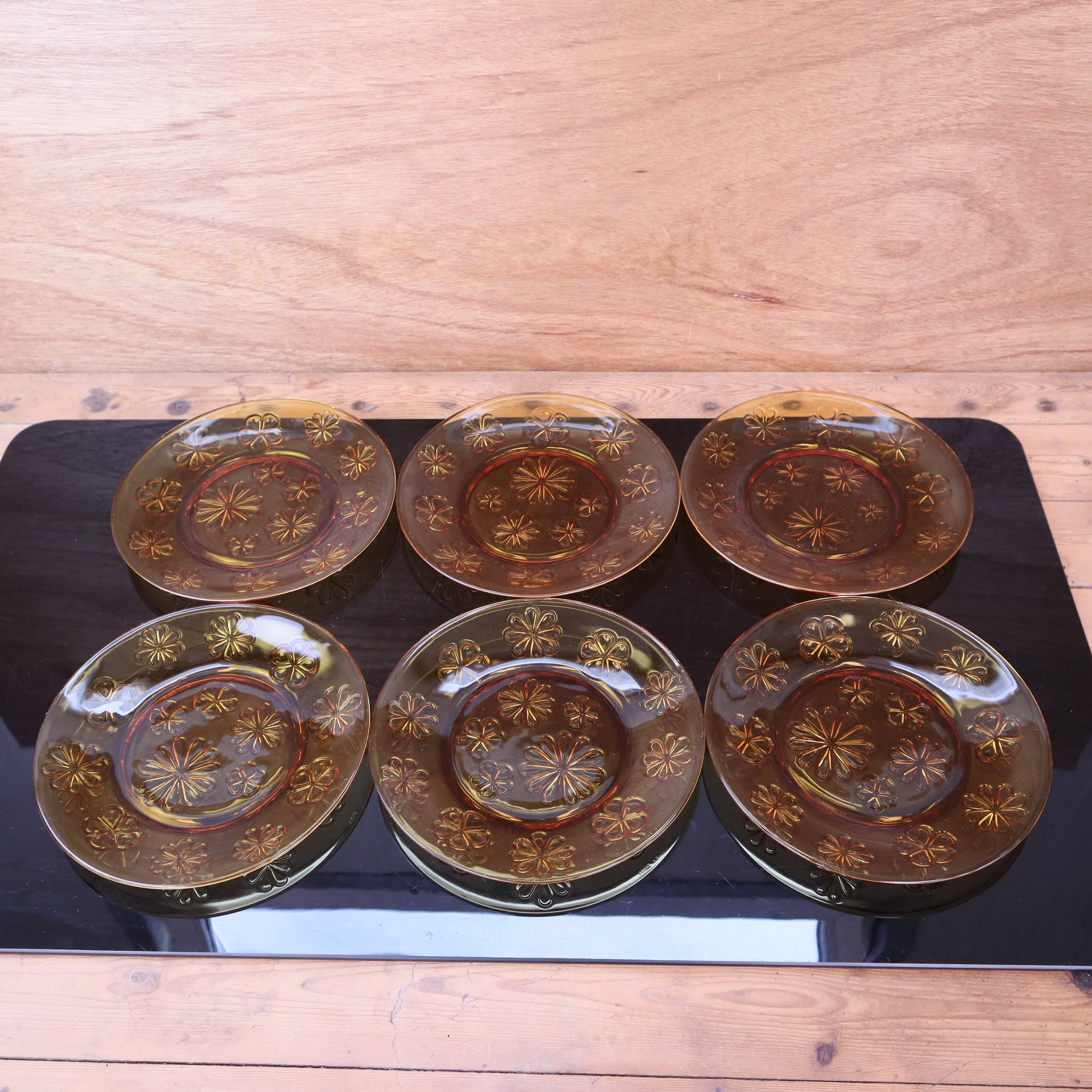 6 vintage floral amber glass dinner plates Vereco 70's