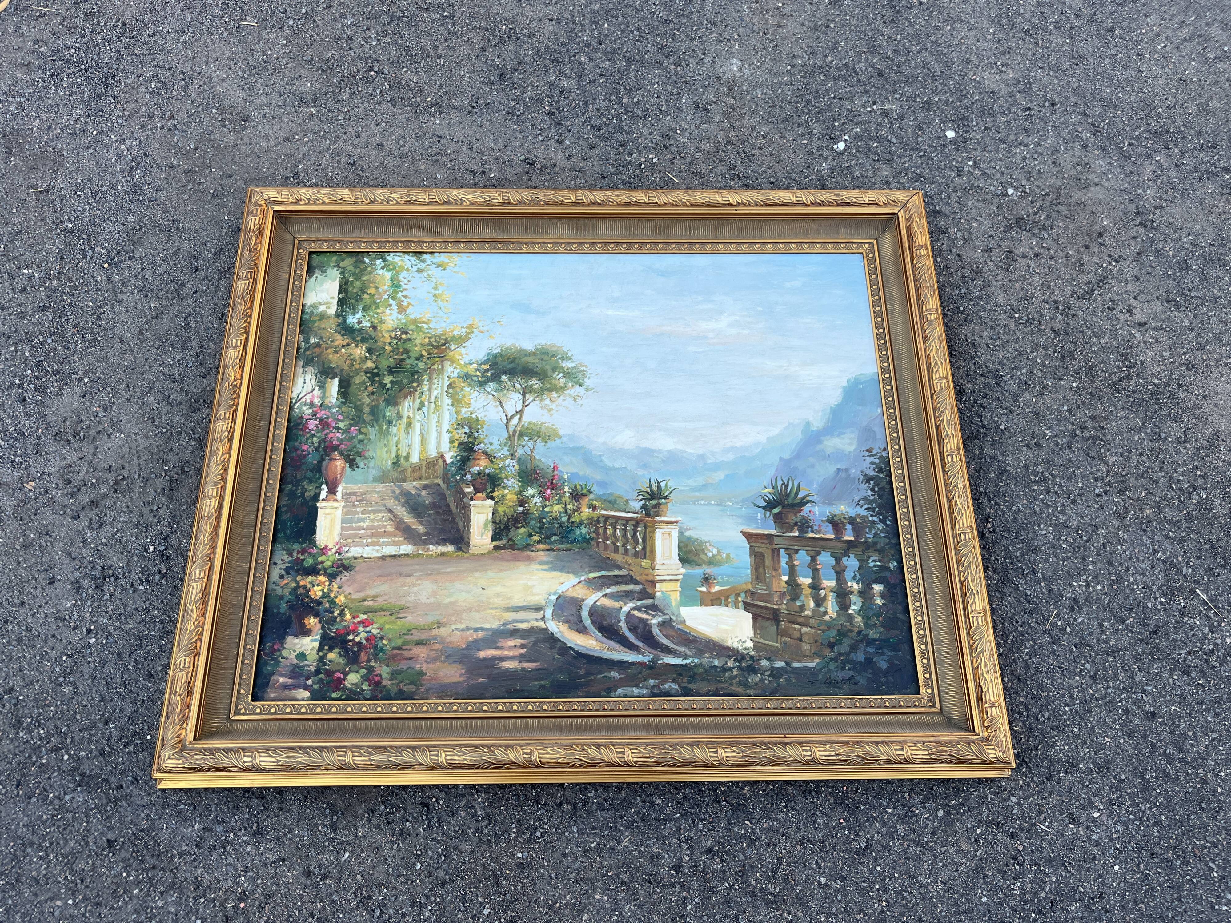 Large oil on canvas, Mediterranean terrace by the lake, signed, gilded frame.
