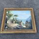 Large oil on canvas, Mediterranean terrace by the lake, signed, gilded frame.
