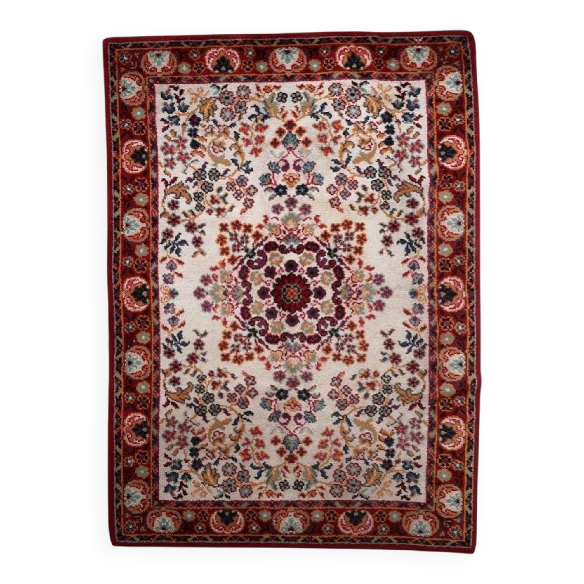 Vintage French Savonnerie wool rug, ivory field & rosace medallion, crimson border, c. 1950s — 202 × 290 cm — 1C1281