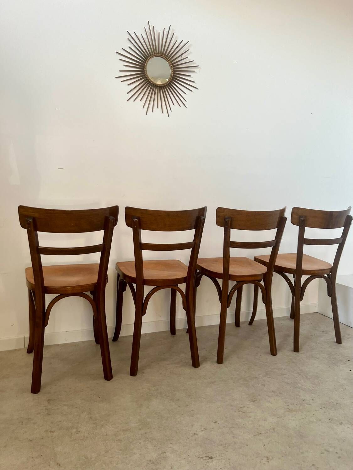 Set of 4 old vintage Baumann 50s wooden bistro chairs