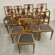 Set of 9 neoclassical chairs and 2 armchairs in marquetry.