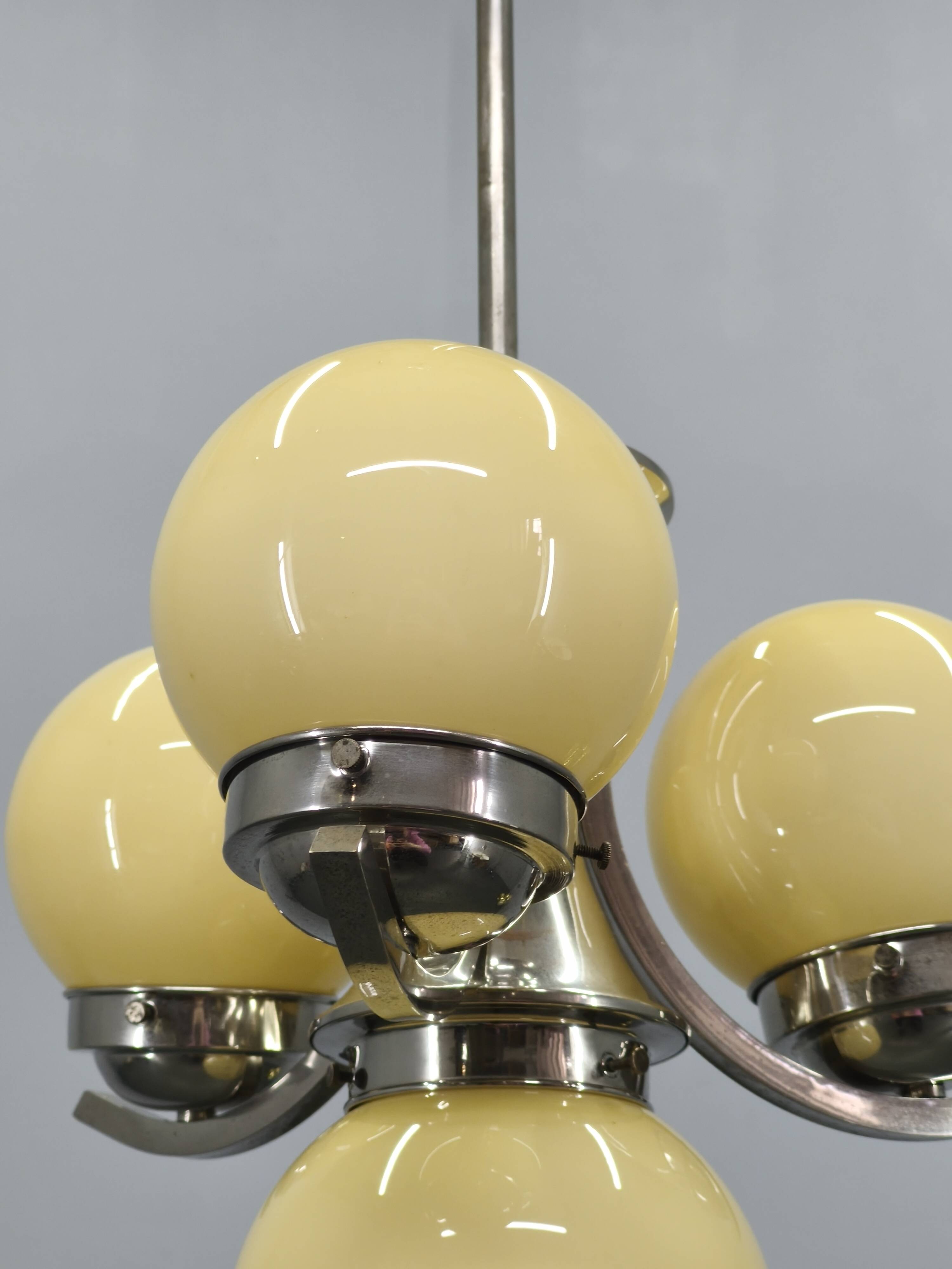 Art Deco Chrome and Opaline Glass Chandelier, 1930s