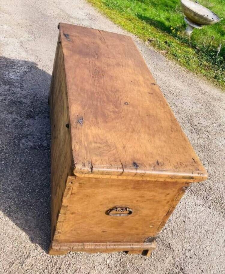 wedding chest in solid fruit wood carved with 2 Menorahs and Hebrew symbol from the 18th century or even before.