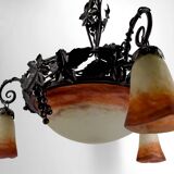 Lustre en fer forgé et pate de verre, Art Deco, Muller Freres, Circa 1920