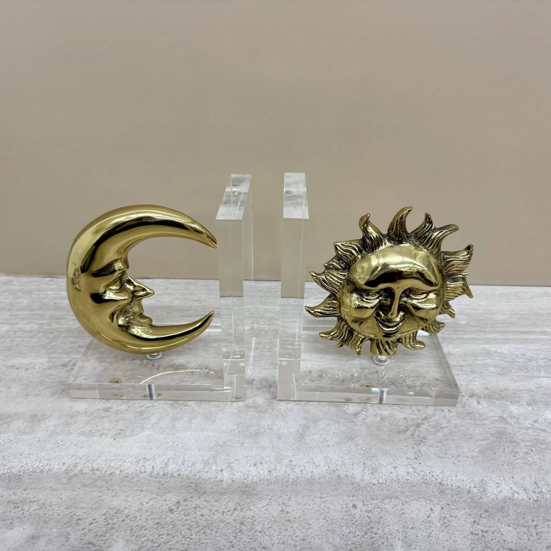 Vintage bookends sun and moon lucite and brass, 1970s