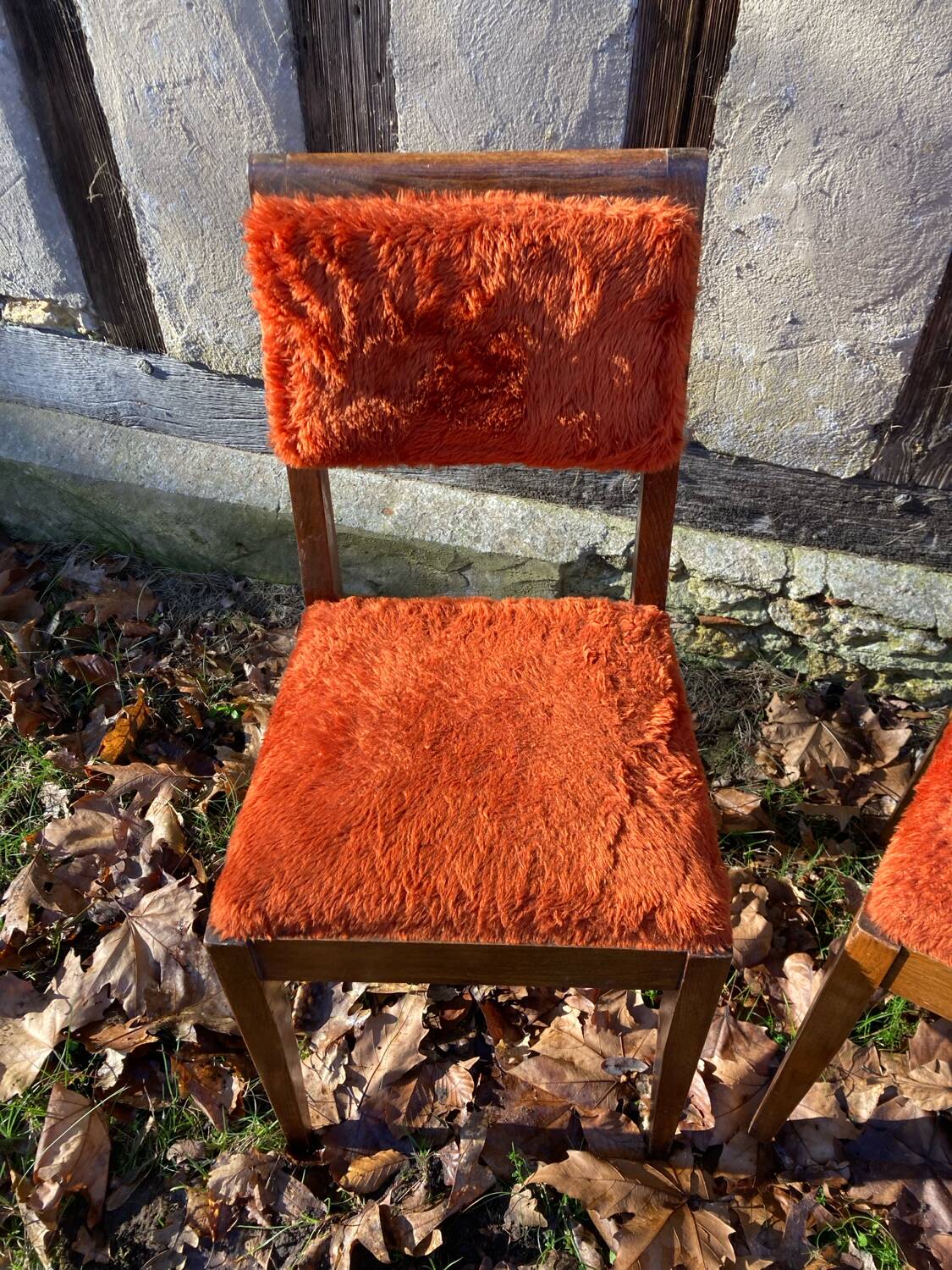 Pair of 1960 1970 chairs in wood and fur / vintage seat signed TAB