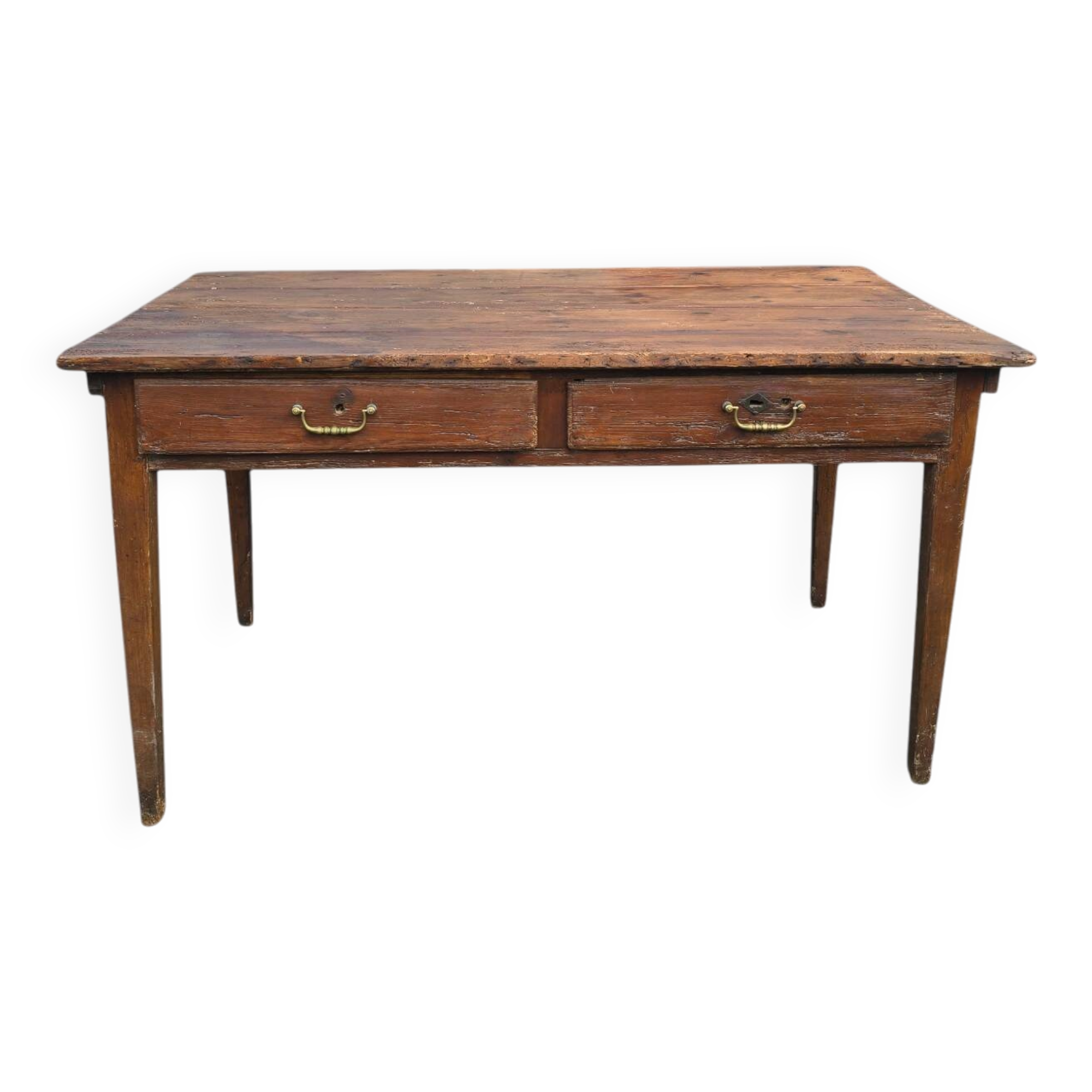 Ancienne table de ferme en bois massif à deux tiroirs
