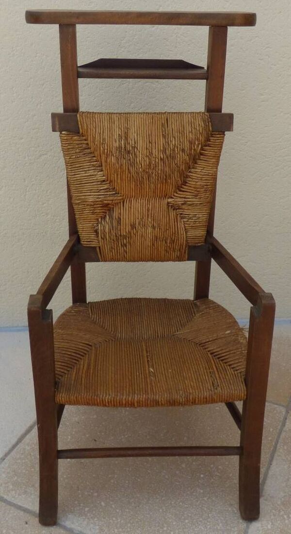 Chaise de prière vintage en bois, paille tressée double, siège relevable