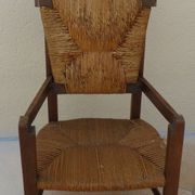Chaise de prière vintage en bois, paille tressée double, siège relevable