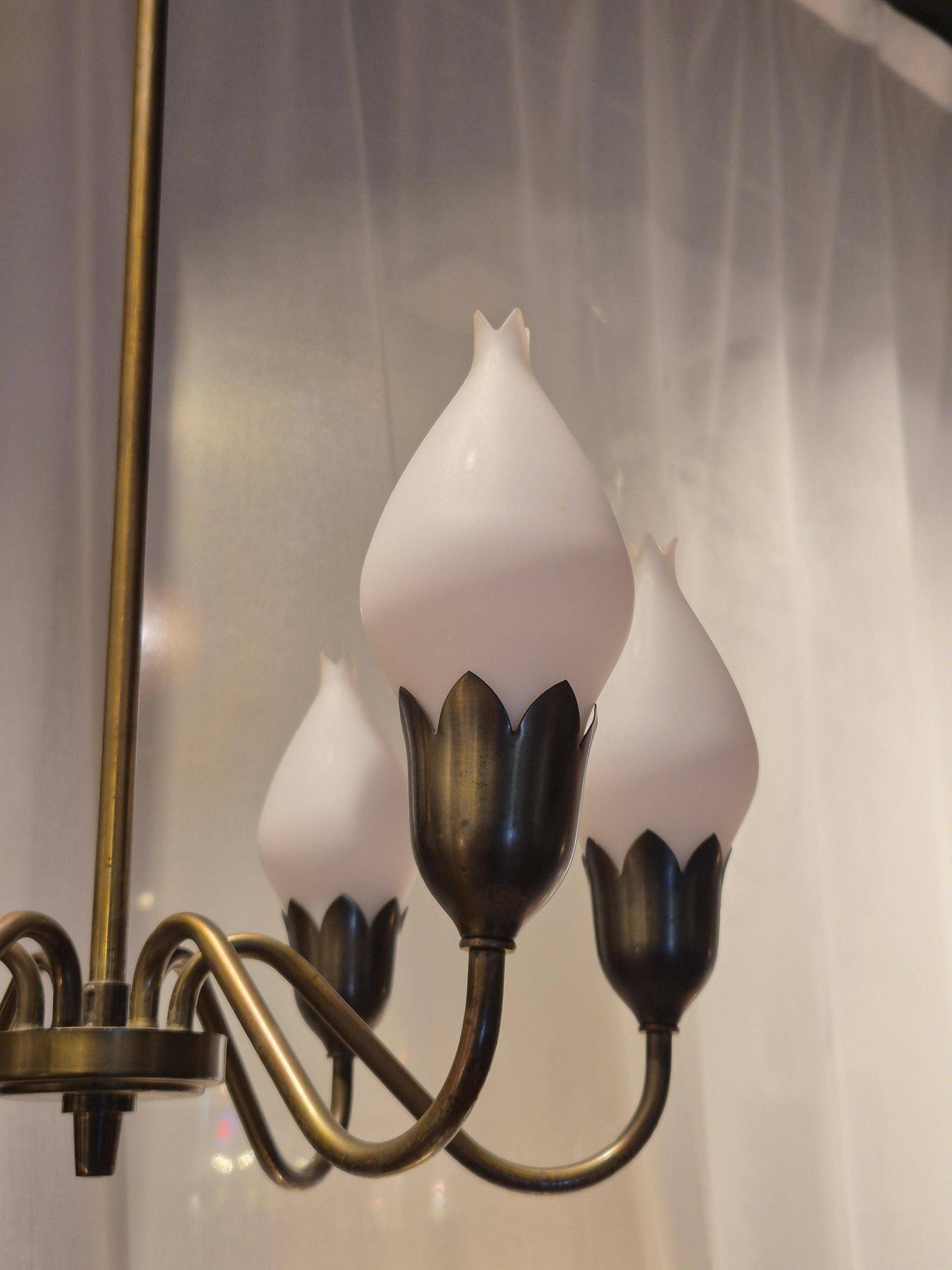 Lustre "Tulip" in brass and glass by Fog and Morup, Denmark.