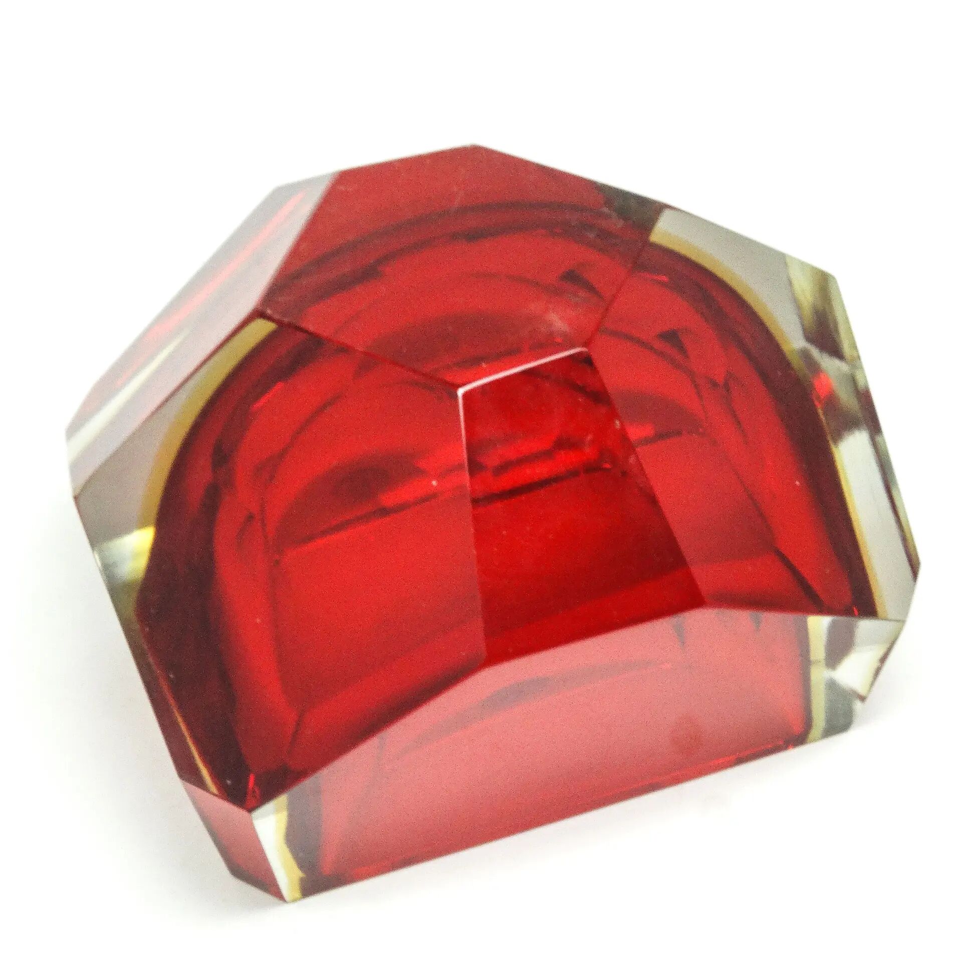 Murano basket, modernism, red glass, designed by F. Poli, Italy, 1950s