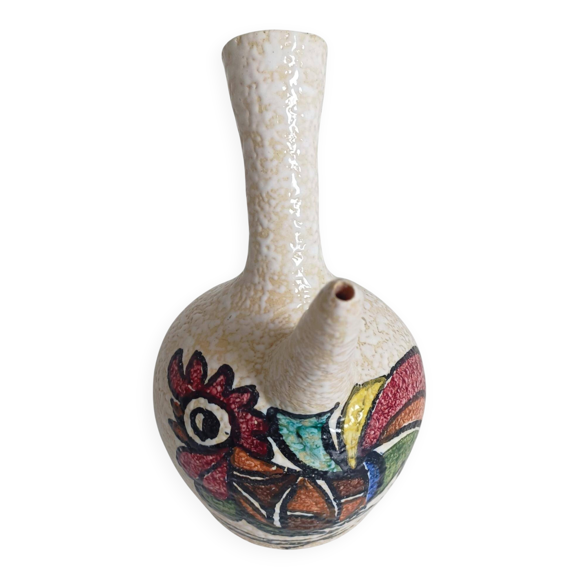Vintage Spanish Ceramic Porrón, Hand-Painted Rooster, 1960s