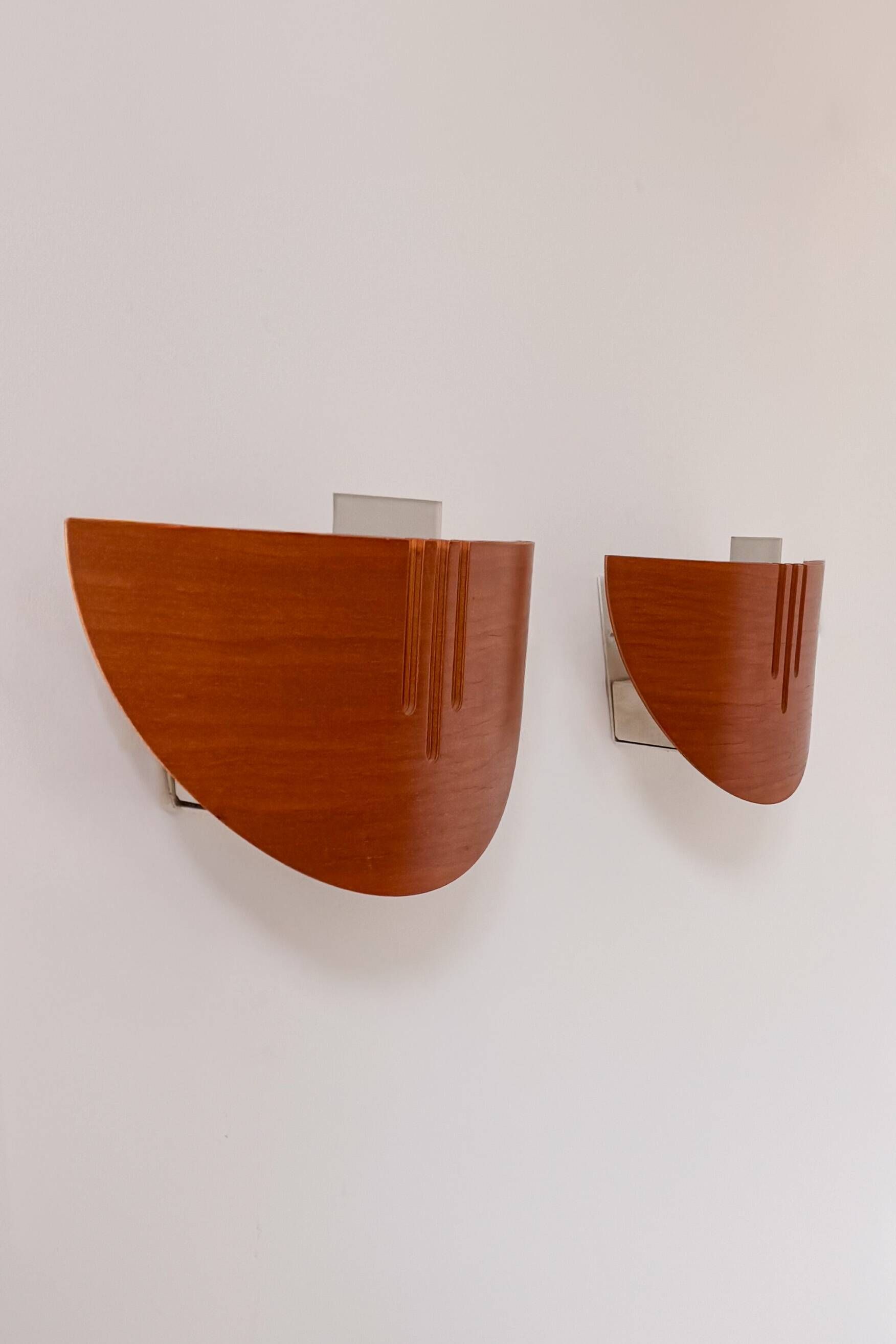 Pair of vintage wall lights in wood and glass, France 1970.
