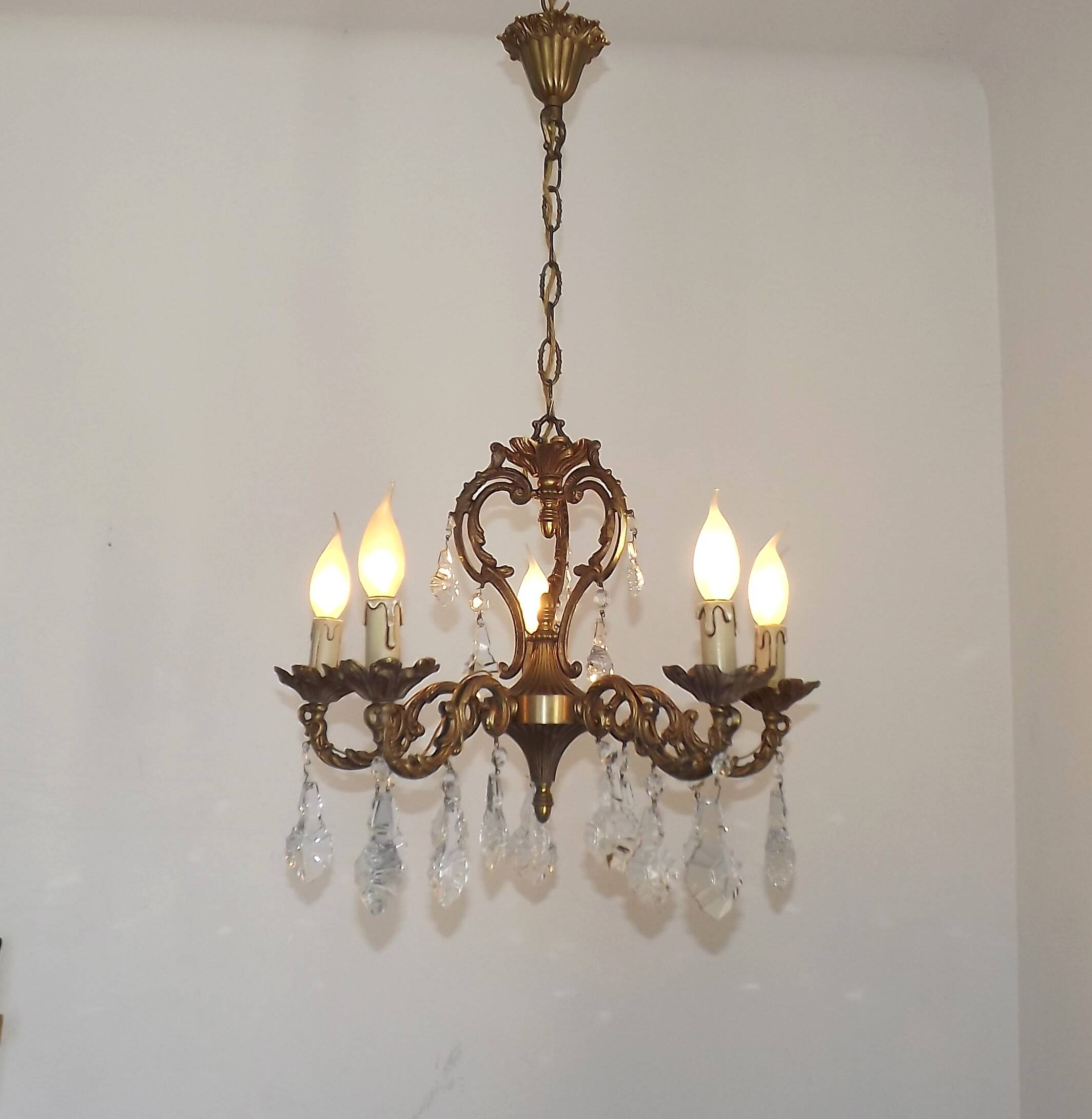 French Art Nouveau 5-Light Bronze 3 sided Crystal Cage Chandelier