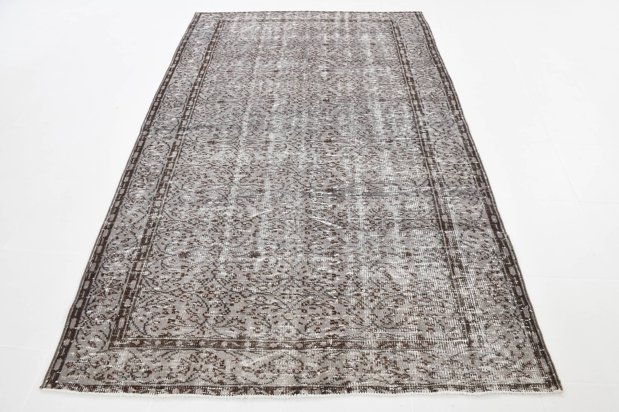Gray & black floral turkish vintage rug