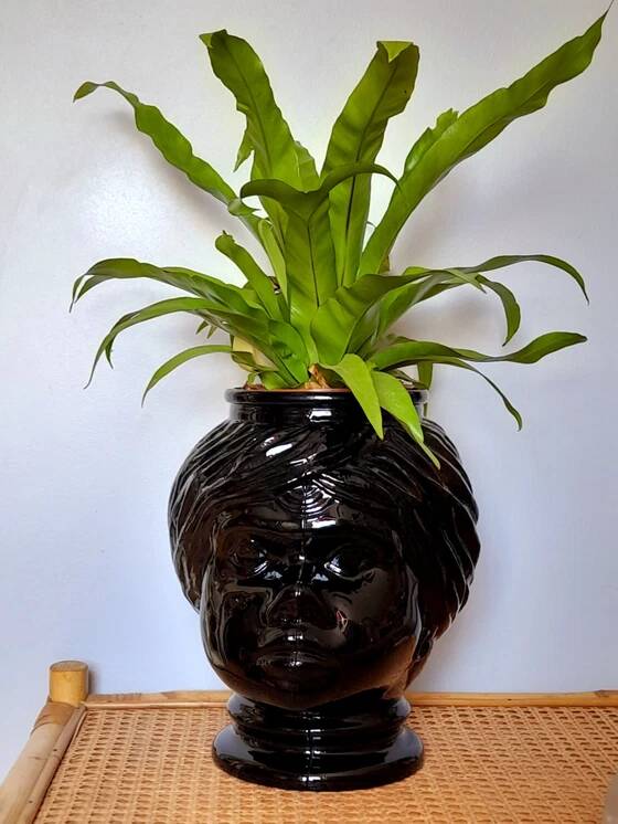 Vase or pot cover in the shape of a Moor's head made of glass from the 1970s.