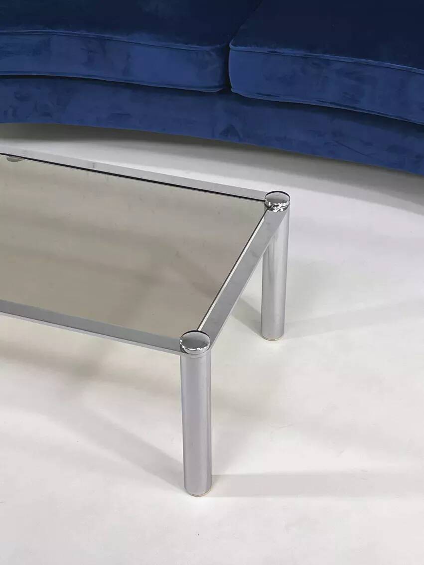 Rectangular coffee table from the 70s in chrome steel and smoked glass top