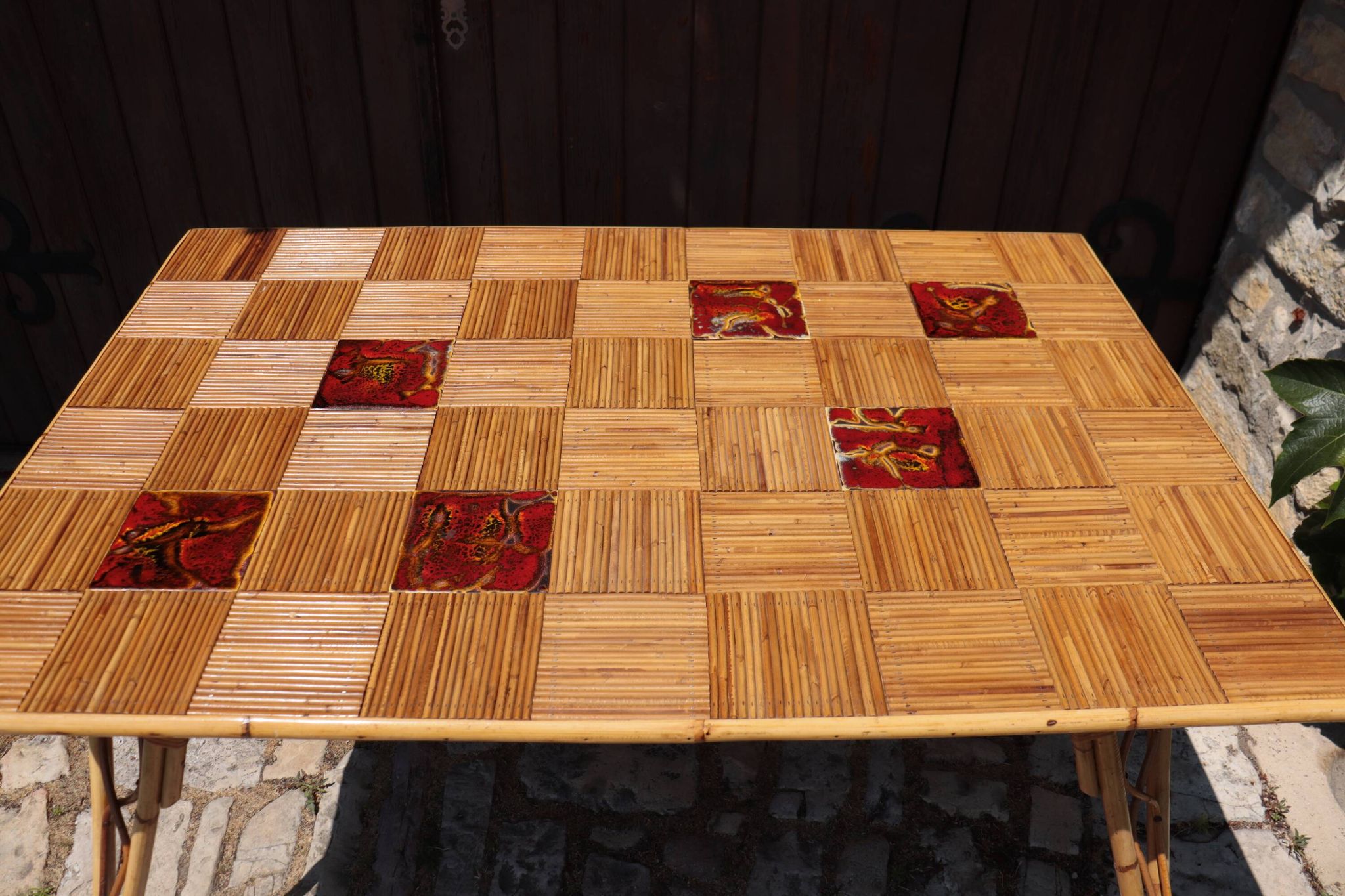 Audoux Minet attribution  rattan and ceramic dining table