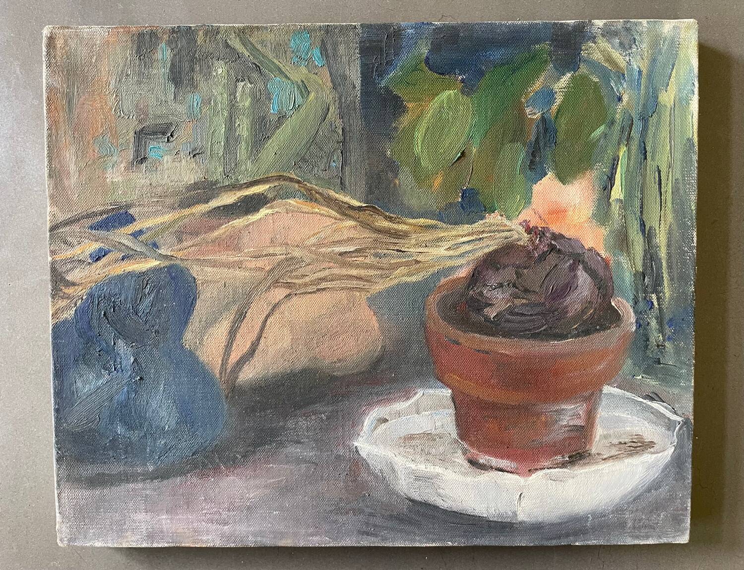 Vintage 70s still life painting with onion