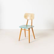 Set of 4 midcentury dining chairs from TON, blue painted plywood, 1960S