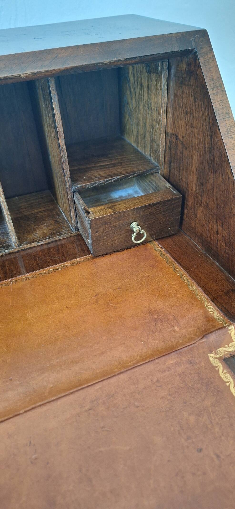 1930's Queen Anne walnut veneer secretary – slanted drop-down desk –