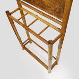 Art nouveau bamboo coat rack with beveled mirror. 5 coat hooks, umbrella stand.