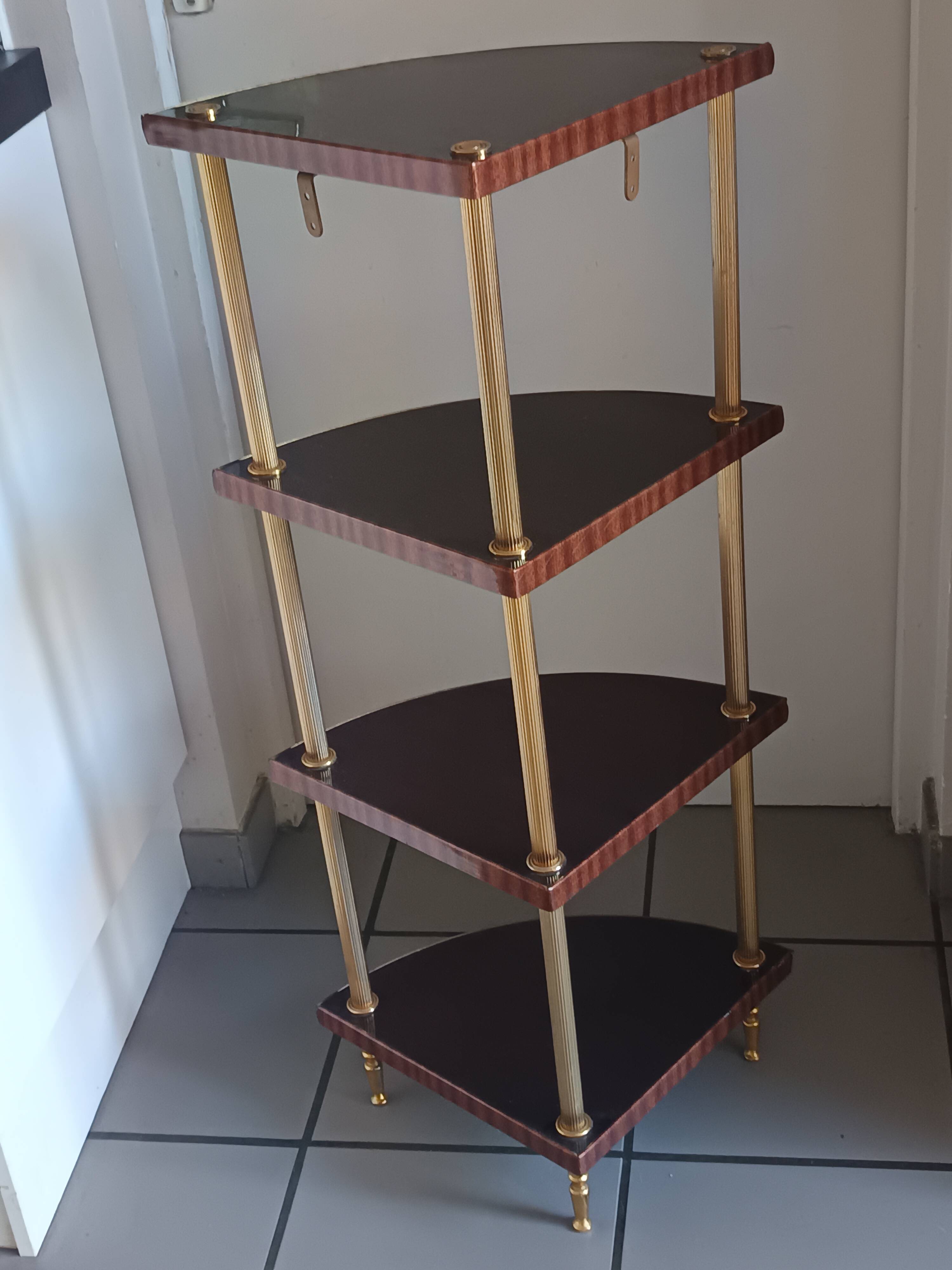 Étagère d’angle vintage 4 niveaux en bois et laiton