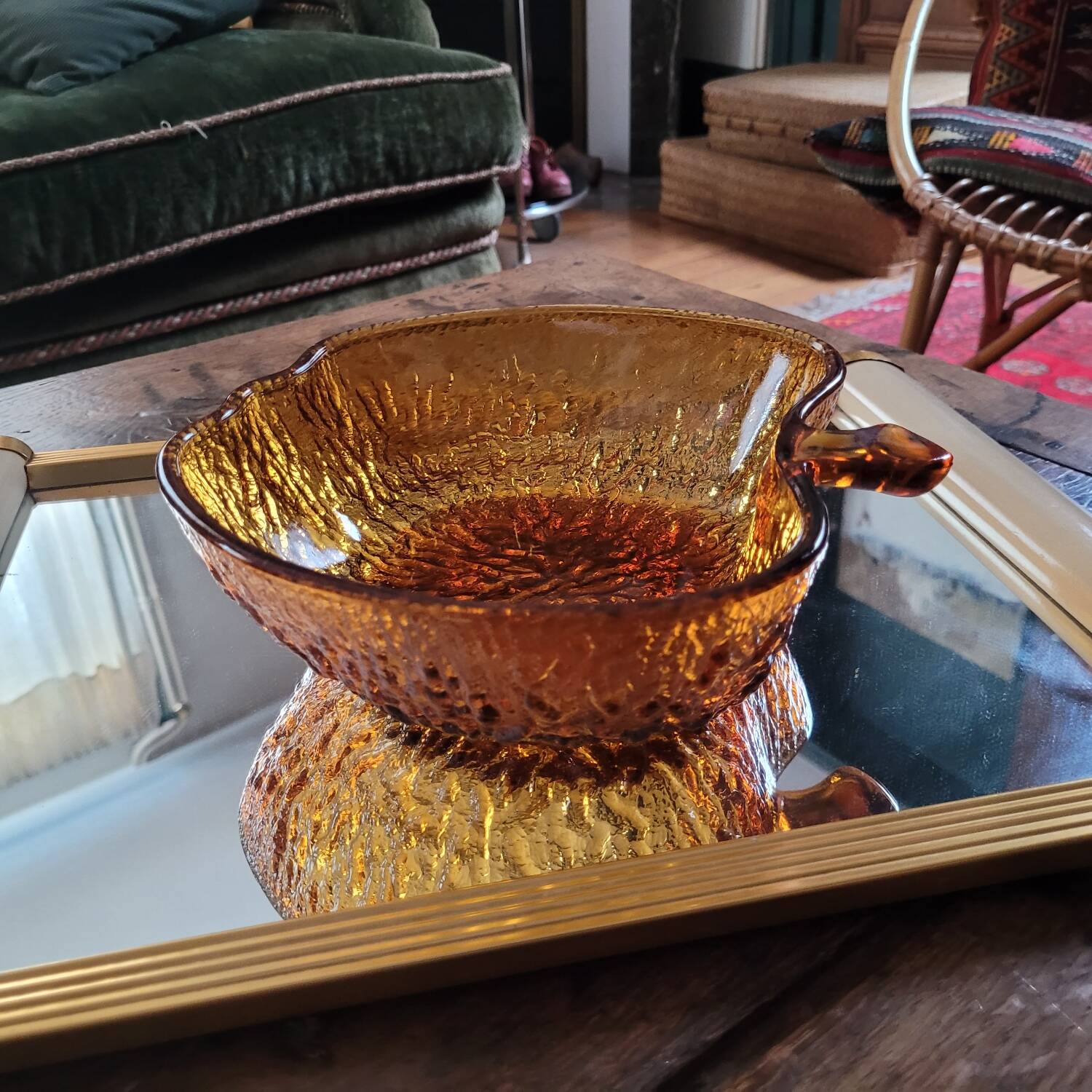 Amber glass bowl – apple shape – textured 70s design