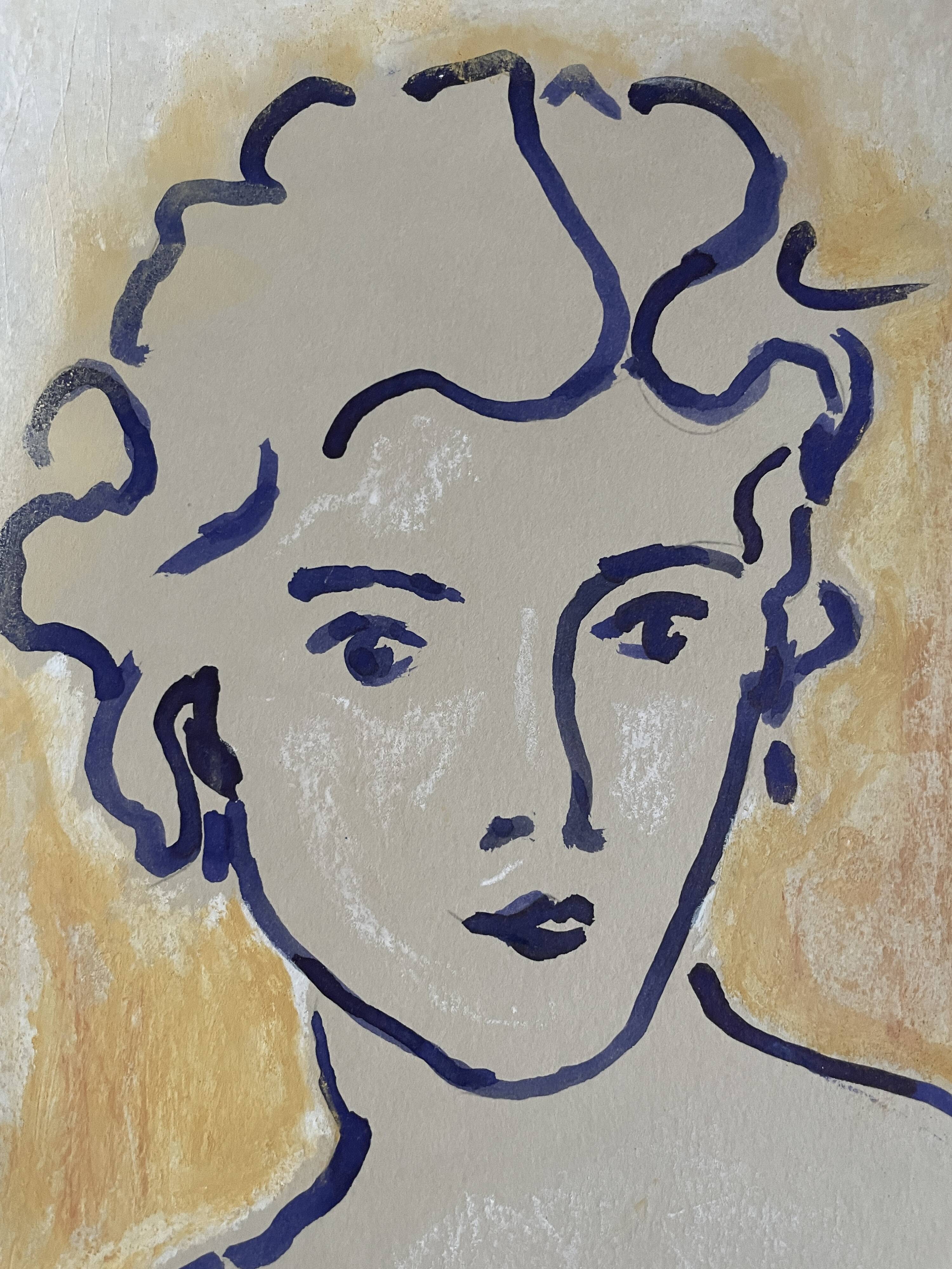 Painting signed Chinese ink and pastel female portrait “study”