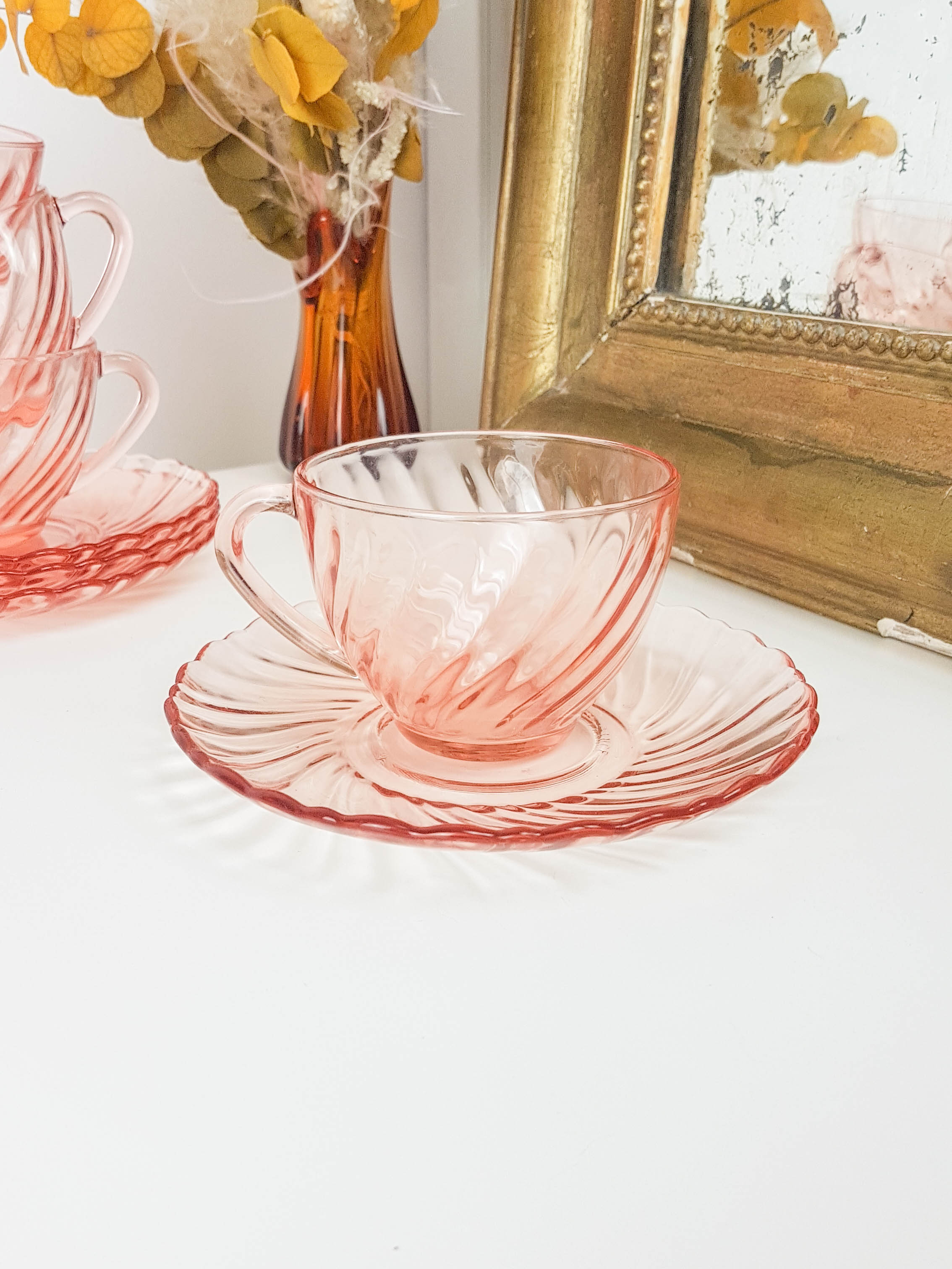 Lot Of 4 Cups Pink Depression Glass Breakfast Subcups Rosaline Arcoroc Luminarc Selency