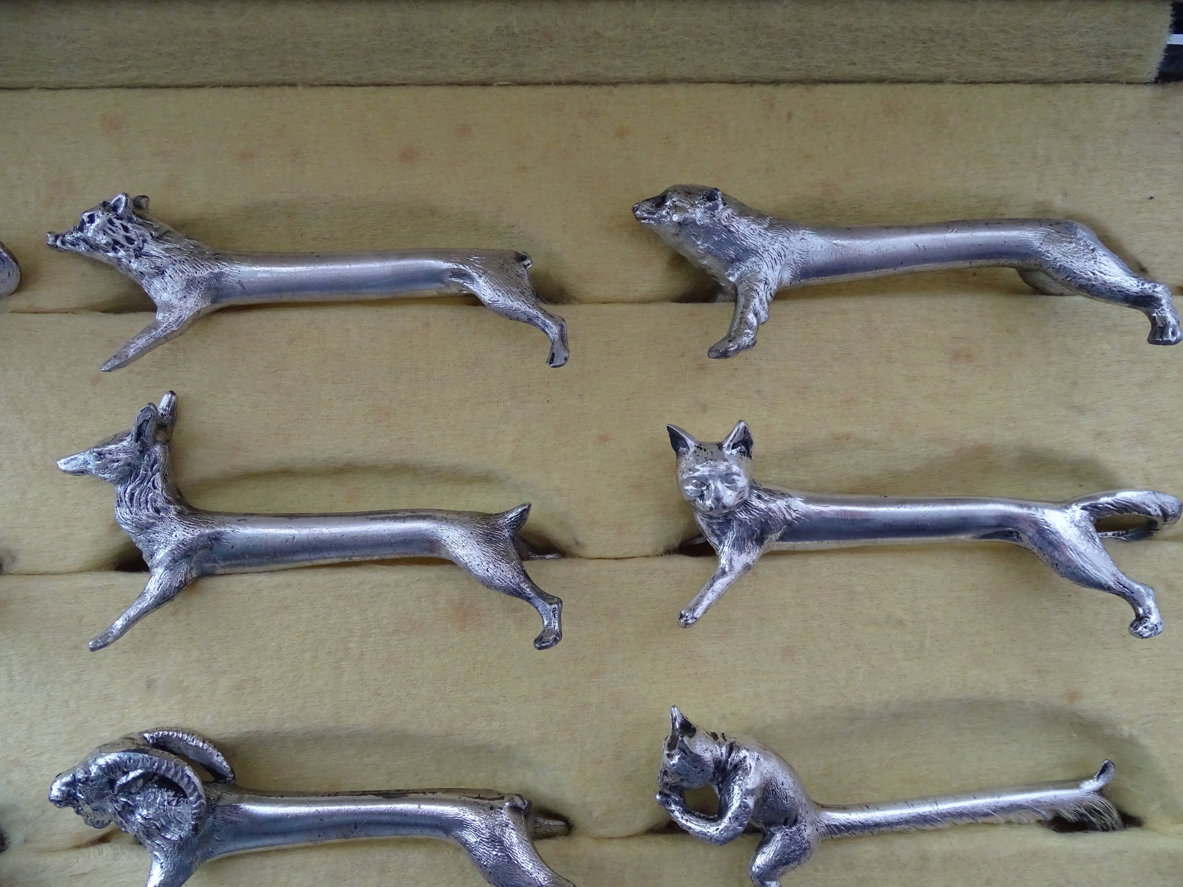 12 animal knife holders Art Deco antique silver metal in case