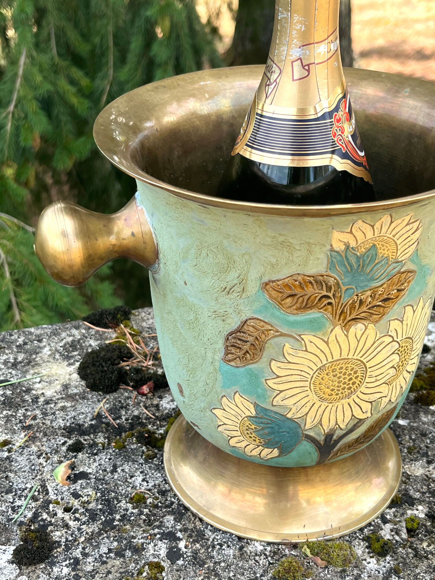Cloisonne Brass champagne bucket with sunflower relief decoration