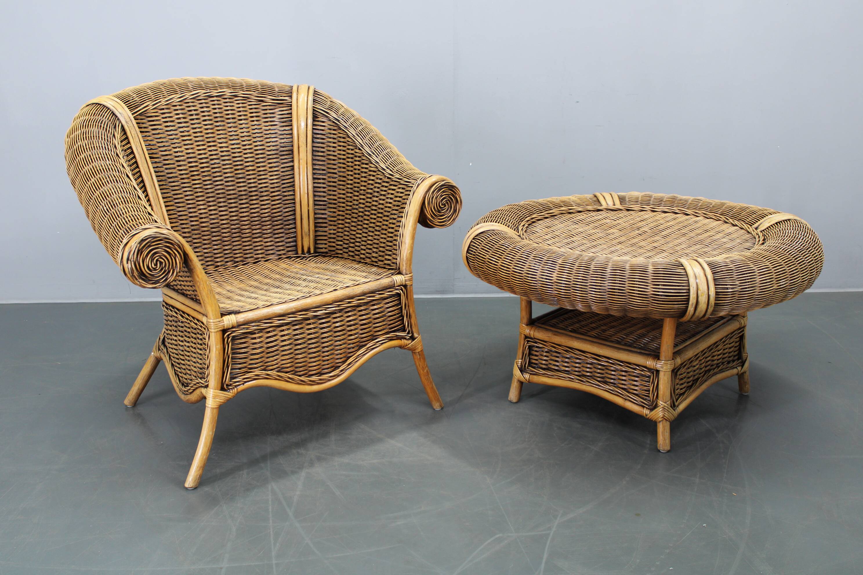 Vintage organic rattan armchair and round coffee table set, 1980s-1990s