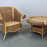 Vintage organic rattan armchair and round coffee table set, 1980s-1990s