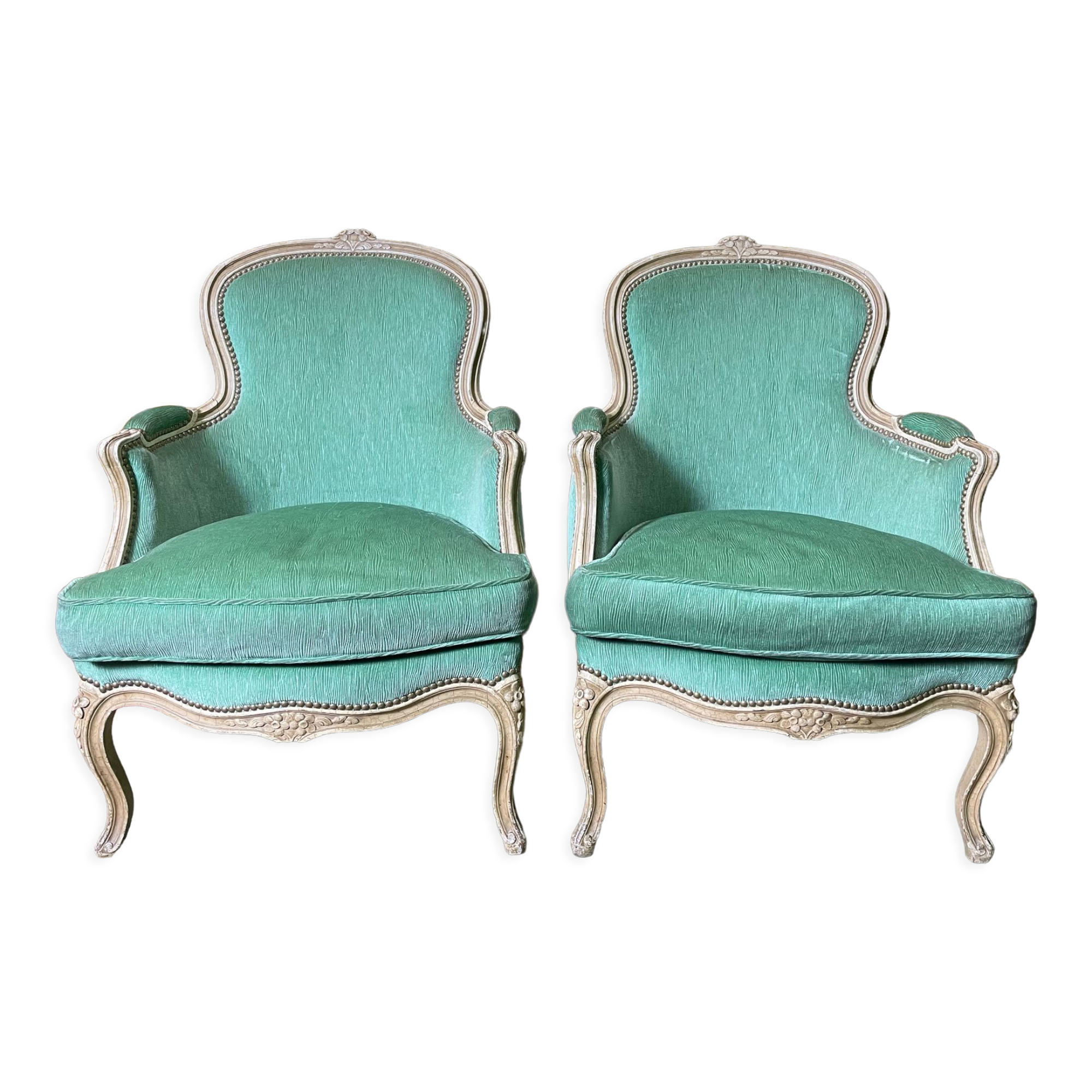 Pair of green Louis XV style bergères armchairs