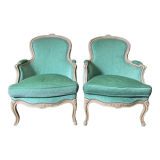 Pair of green Louis XV style bergères armchairs