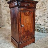 Antique Louis-Philippe style bedside table with walnut veneer and marble top