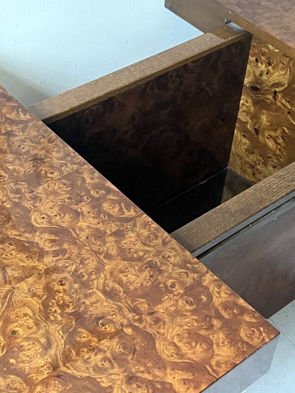 Table basse bar à tiroir en loupe d'orme, Maison Lancel 1970