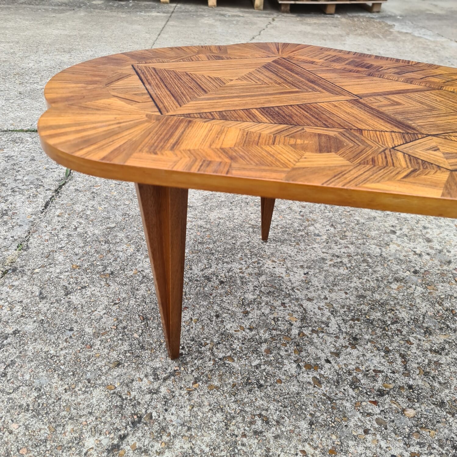 Vintage art deco coffee table with geometric marquetry