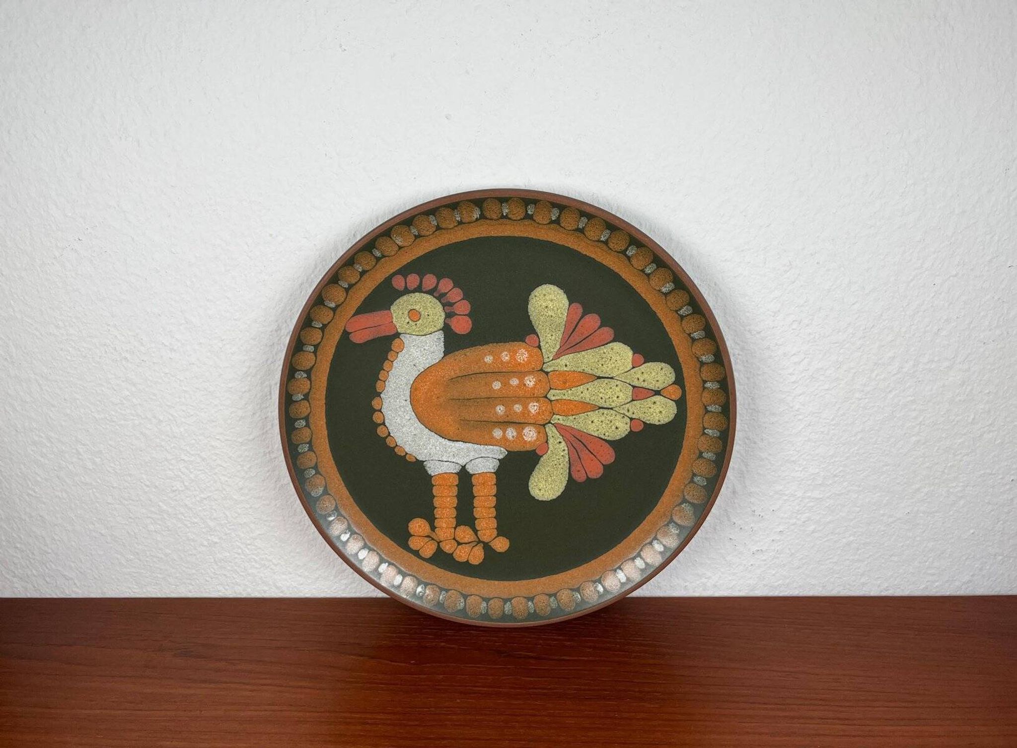 Vintage German ceramic wall plate with bird motif from Keramik Manufaktur Kupfermühle, 1970s.