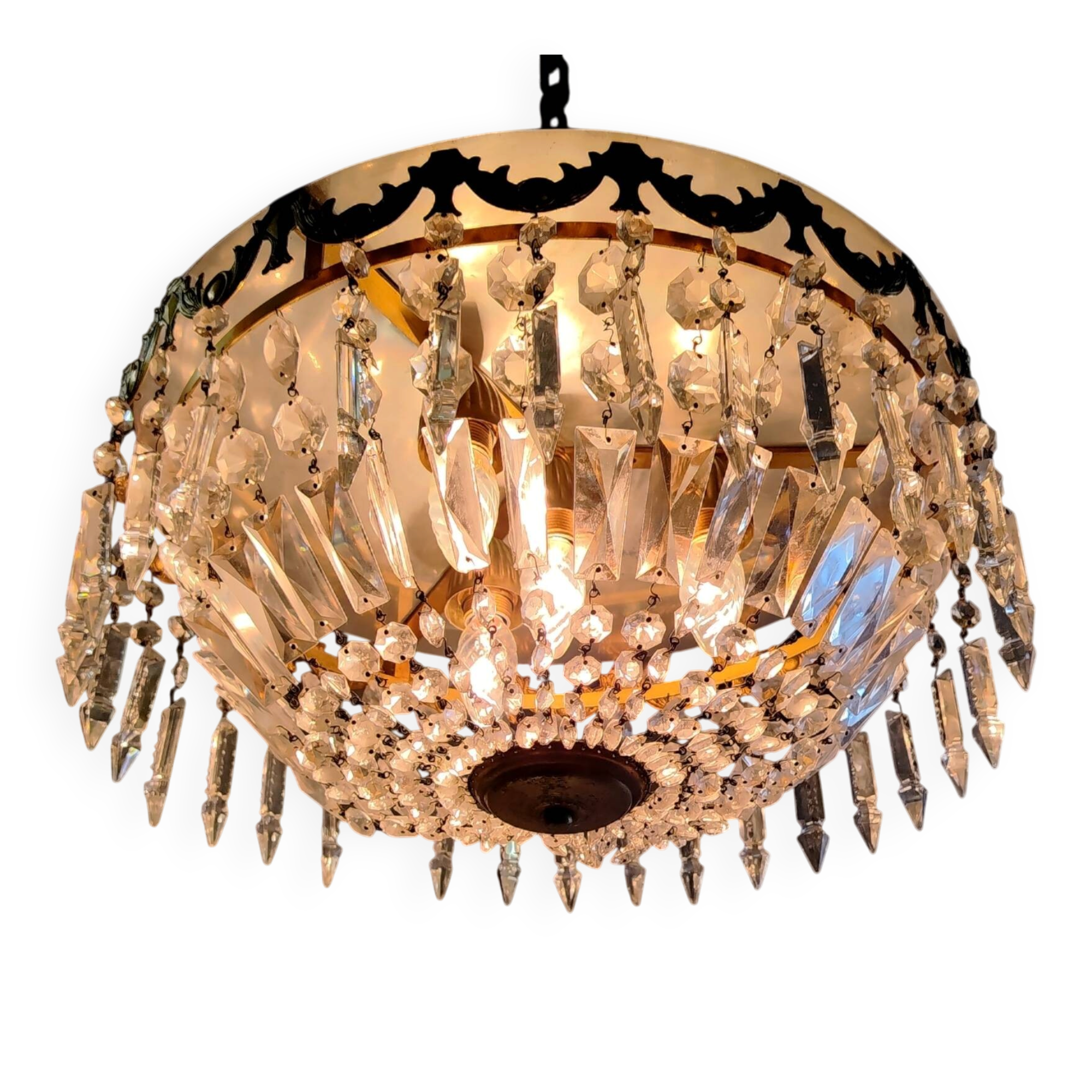 Glass and brass basket ceiling light - mid 20th century.